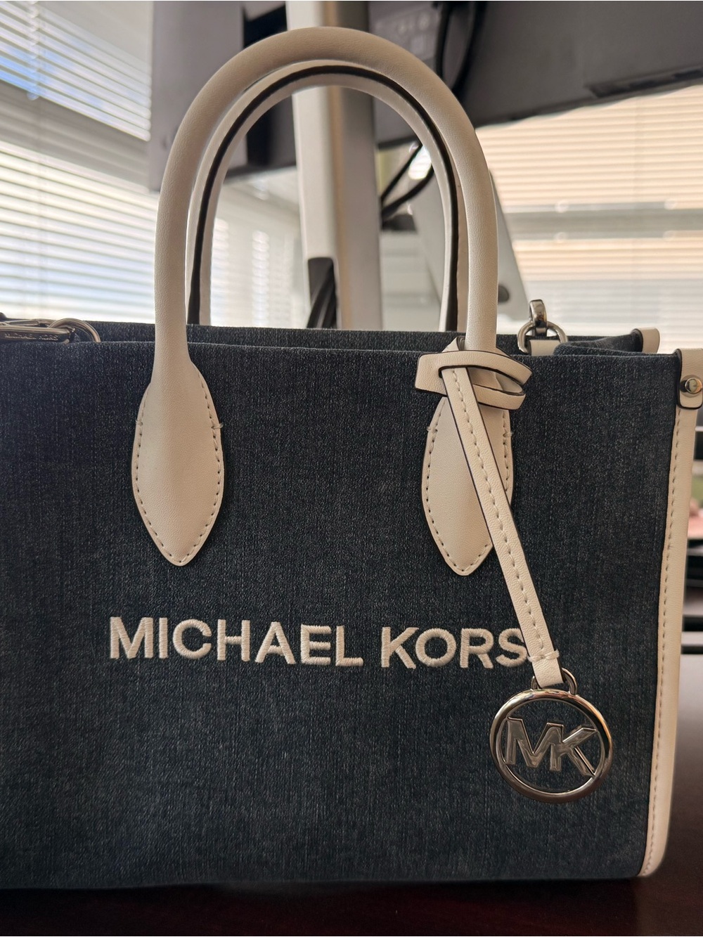 Michael Kors Dk Blue Denim and white Leather Top-Handle Tote